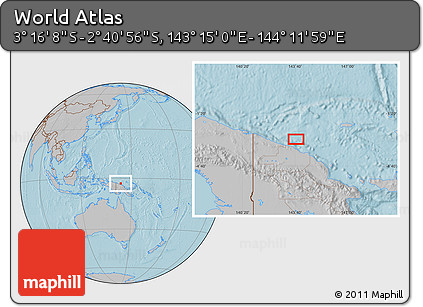 Gray Location Map of the Area around 2° 58' 32" S, 143° 43' 29" E, hill shading