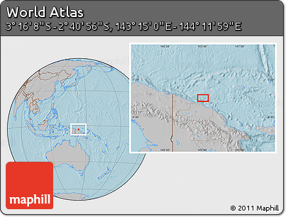 Gray Location Map of the Area around 2° 58' 32" S, 143° 43' 29" E, hill shading