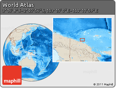 Shaded Relief Location Map of the Area around 2° 58' 32" S, 143° 43' 29" E