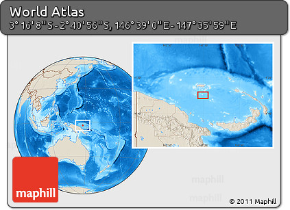 Shaded Relief Location Map of the Area around 2° 58' 32" S, 147° 7' 30" E