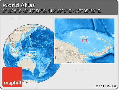 Shaded Relief Location Map of the Area around 2° 58' 32" S, 147° 7' 30" E