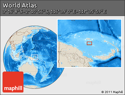 Shaded Relief Location Map of the Area around 2° 58' 32" S, 147° 7' 30" E