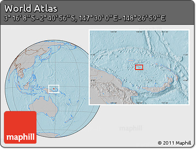 Gray Location Map of the Area around 2° 58' 32" S, 147° 58' 29" E, hill shading