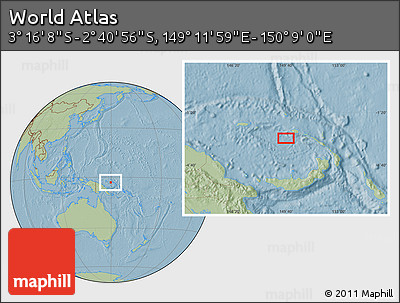Savanna Style Location Map of the Area around 2° 58' 32" S, 149° 40' 30" E, hill shading