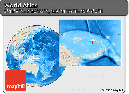 Shaded Relief Location Map of the Area around 2° 58' 32" S, 149° 40' 30" E