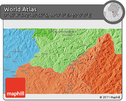 Political 3D Map of the Area around 2° 58' 32" S, 14° 31' 30" E
