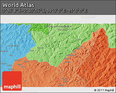 Political 3D Map of the Area around 2° 58' 32" S, 14° 31' 30" E