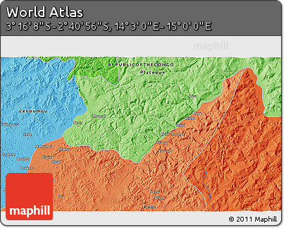 Political 3D Map of the Area around 2° 58' 32" S, 14° 31' 30" E