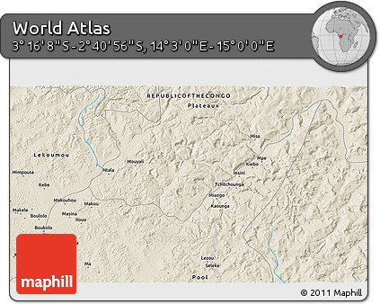 Shaded Relief 3D Map of the Area around 2° 58' 32" S, 14° 31' 30" E