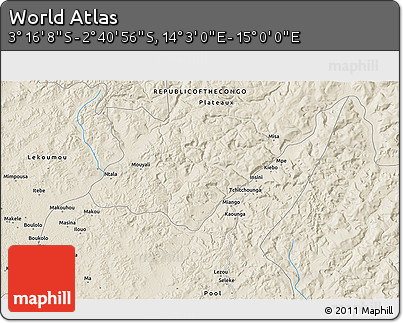 Shaded Relief 3D Map of the Area around 2° 58' 32" S, 14° 31' 30" E