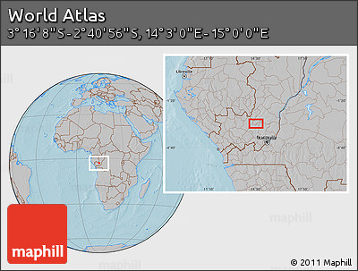 Gray Location Map of the Area around 2° 58' 32" S, 14° 31' 30" E, hill shading