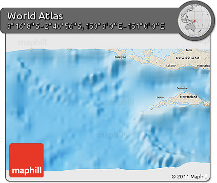 Shaded Relief 3D Map of the Area around 2° 58' 32" S, 150° 31' 30" E