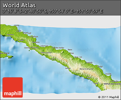 Physical 3D Map of the Area around 2° 58' 32" S, 151° 22' 30" E