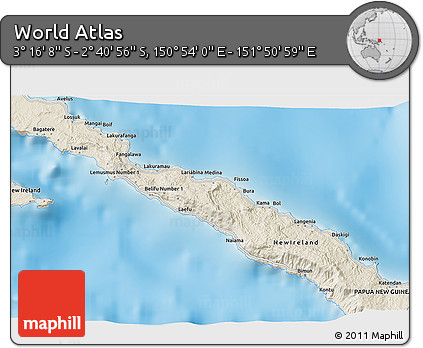 Shaded Relief 3D Map of the Area around 2° 58' 32" S, 151° 22' 30" E