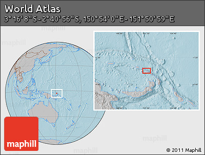 Gray Location Map of the Area around 2° 58' 32" S, 151° 22' 30" E, hill shading
