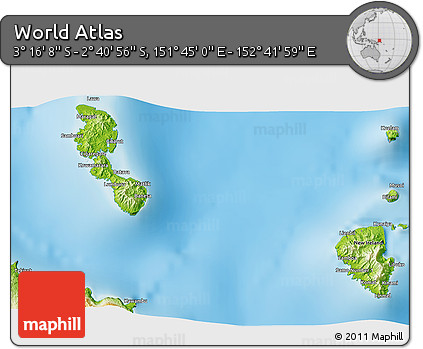 Physical 3D Map of the Area around 2° 58' 32" S, 152° 13' 29" E