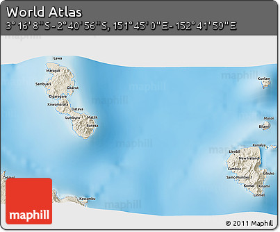 Shaded Relief 3D Map of the Area around 2° 58' 32" S, 152° 13' 29" E