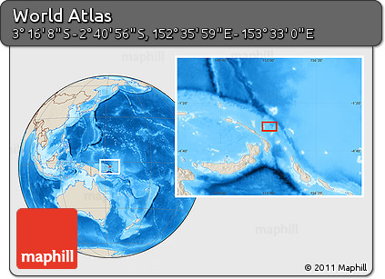 Shaded Relief Location Map of the Area around 2° 58' 32" S, 153° 4' 29" E