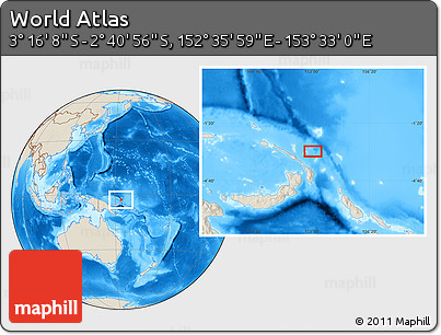 Shaded Relief Location Map of the Area around 2° 58' 32" S, 153° 4' 29" E