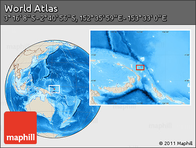 Shaded Relief Location Map of the Area around 2° 58' 32" S, 153° 4' 29" E