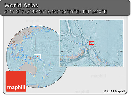 Gray Location Map of the Area around 2° 58' 32" S, 153° 55' 30" E, hill shading