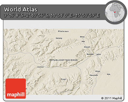 Shaded Relief 3D Map of the Area around 2° 58' 32" S, 15° 22' 30" E