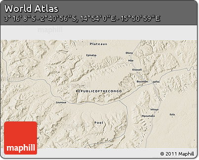 Shaded Relief 3D Map of the Area around 2° 58' 32" S, 15° 22' 30" E