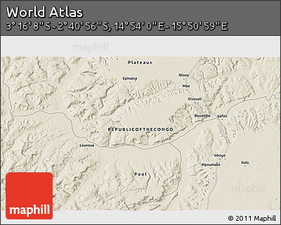 Shaded Relief 3D Map of the Area around 2° 58' 32" S, 15° 22' 30" E