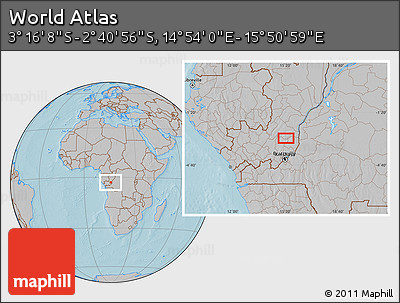 Gray Location Map of the Area around 2° 58' 32" S, 15° 22' 30" E, hill shading