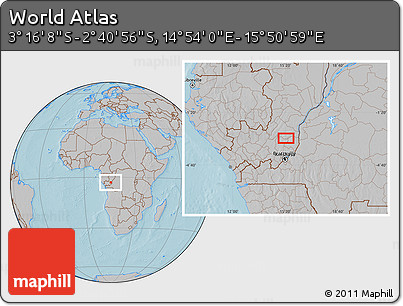 Gray Location Map of the Area around 2° 58' 32" S, 15° 22' 30" E, hill shading