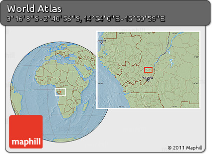 Savanna Style Location Map of the Area around 2° 58' 32" S, 15° 22' 30" E, hill shading