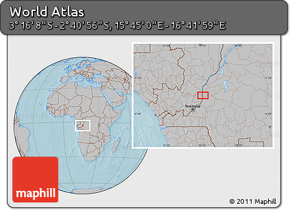Gray Location Map of the Area around 2° 58' 32" S, 16° 13' 30" E, hill shading