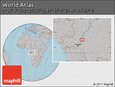 Gray Location Map of the Area around 2° 58' 32" S, 16° 13' 30" E, hill shading