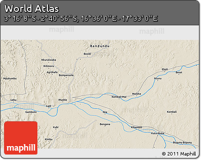Shaded Relief 3D Map of the Area around 2° 58' 32" S, 17° 4' 30" E