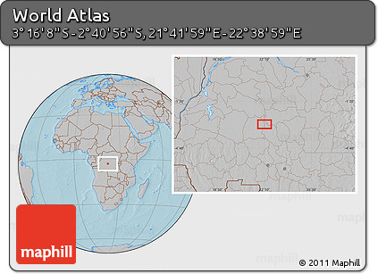 Gray Location Map of the Area around 2° 58' 32" S, 22° 10' 29" E, hill shading