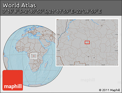 Gray Location Map of the Area around 2° 58' 32" S, 22° 10' 29" E, hill shading