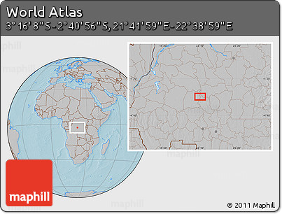 Gray Location Map of the Area around 2° 58' 32" S, 22° 10' 29" E, hill shading