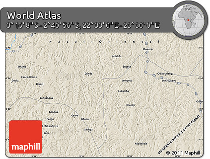Shaded Relief Map of the Area around 2° 58' 32" S, 23° 1' 29" E