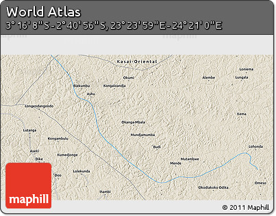 Shaded Relief 3D Map of the Area around 2° 58' 32" S, 23° 52' 30" E