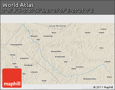Shaded Relief 3D Map of the Area around 2° 58' 32" S, 23° 52' 30" E