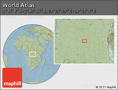 Savanna Style Location Map of the Area around 2° 58' 32" S, 23° 52' 30" E, hill shading