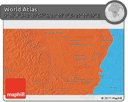 Political 3D Map of the Area around 2° 58' 32" S, 24° 43' 30" E