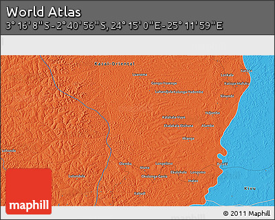Political 3D Map of the Area around 2° 58' 32" S, 24° 43' 30" E