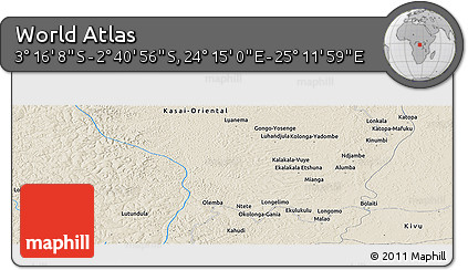 Shaded Relief Panoramic Map of the Area around 2° 58' 32" S, 24° 43' 30" E