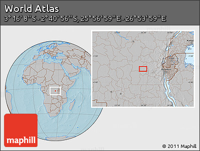 Gray Location Map of the Area around 2° 58' 32" S, 26° 25' 29" E, hill shading