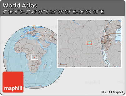 Gray Location Map of the Area around 2° 58' 32" S, 26° 25' 29" E, hill shading