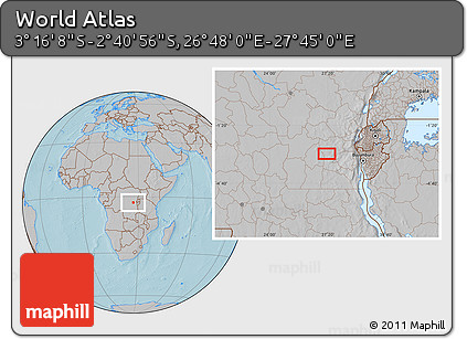 Gray Location Map of the Area around 2° 58' 32" S, 27° 16' 29" E, hill shading