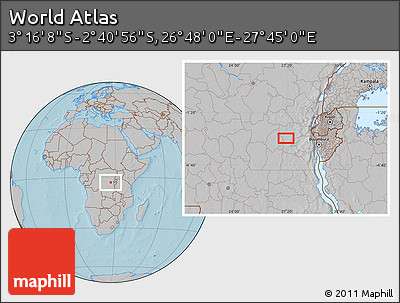 Gray Location Map of the Area around 2° 58' 32" S, 27° 16' 29" E, hill shading
