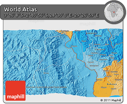 Political 3D Map of the Area around 2° 58' 32" S, 28° 58' 30" E