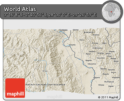 Shaded Relief 3D Map of the Area around 2° 58' 32" S, 28° 58' 30" E